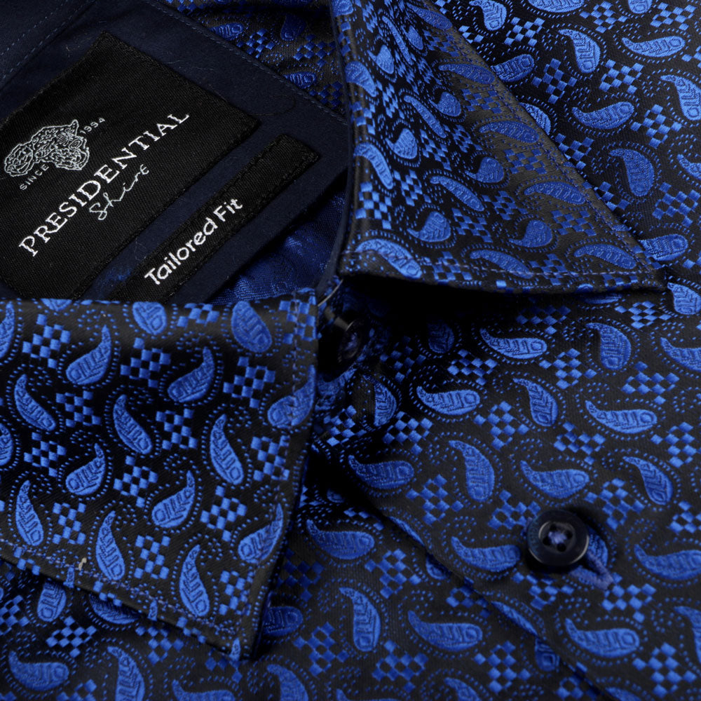 Paisley Fish - Royal Blue Long Sleeve Jacquard Woven Men's Shirt