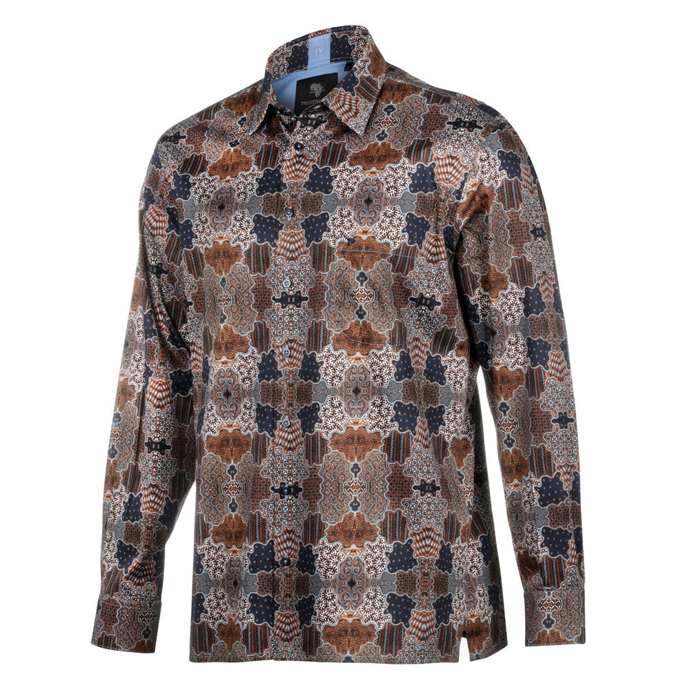 Organic Patchwork - Brown Men's Long Sleeve Cotton Printed Shirt