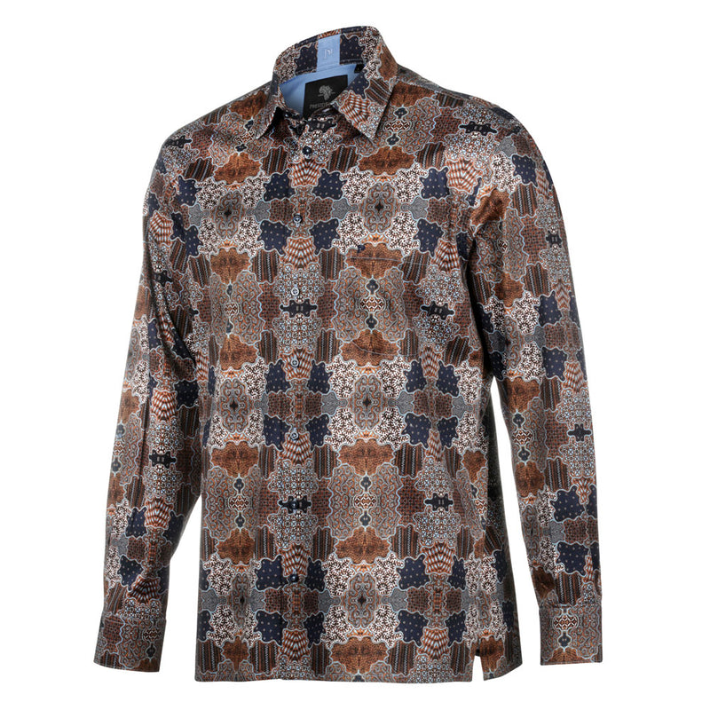 Organic Patchwork - Brown Men's Long Sleeve Cotton Printed Shirt