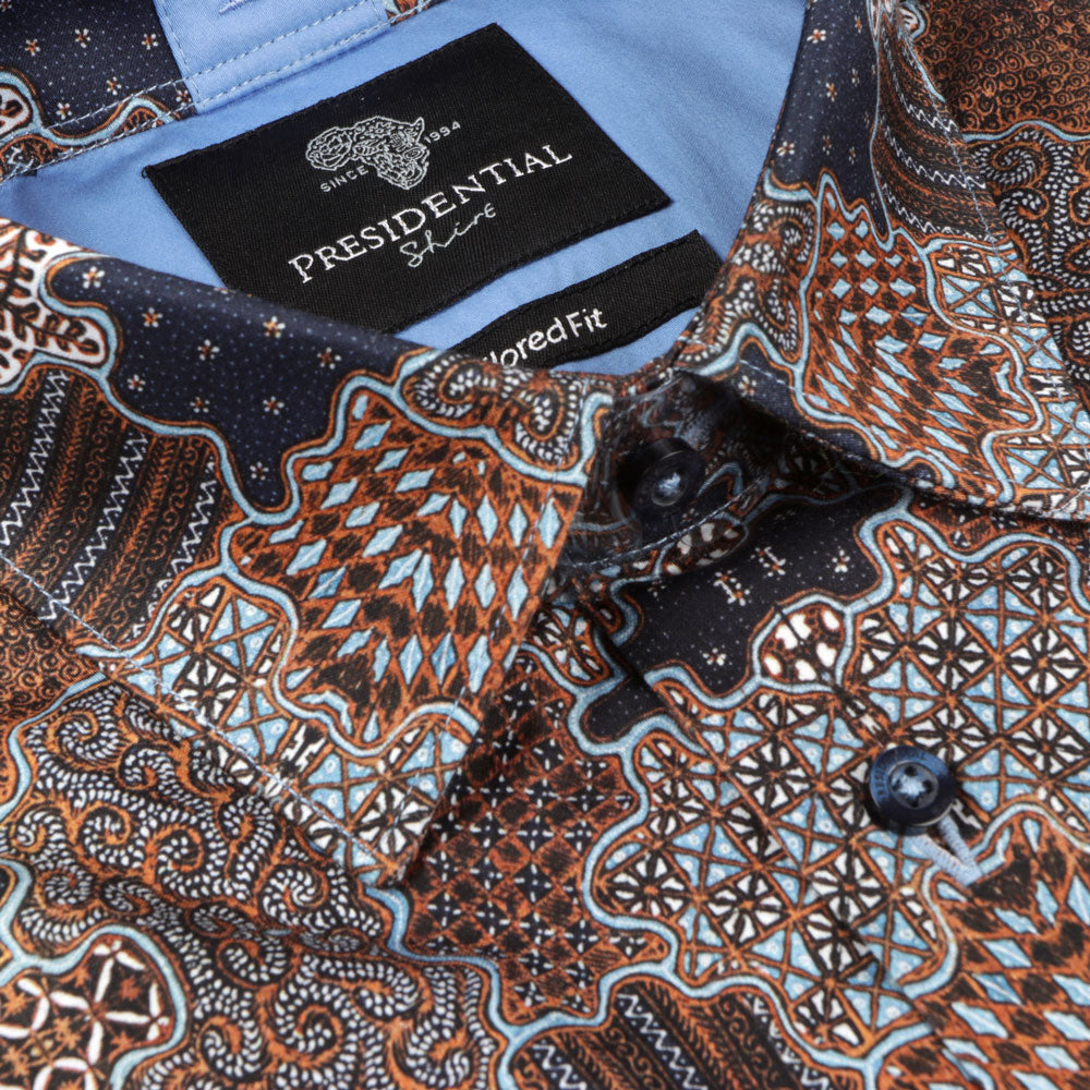 Organic Patchwork - Brown Men's Long Sleeve Cotton Printed Shirt