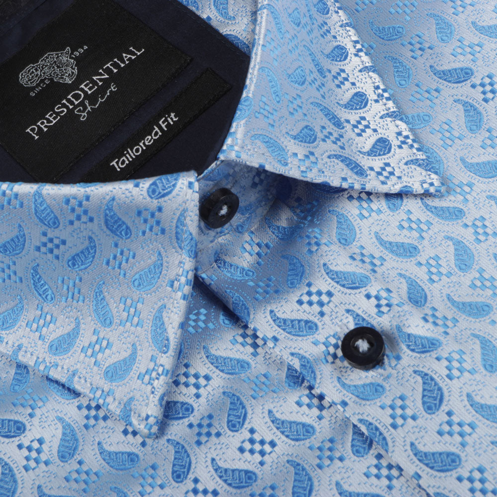 Paisley Fish - Blue Long Sleeve Jacquard Woven Men's Shirt