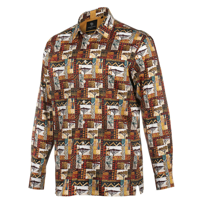 African Tree - Brown Men's Long Sleeve Cotton Printed Shirt