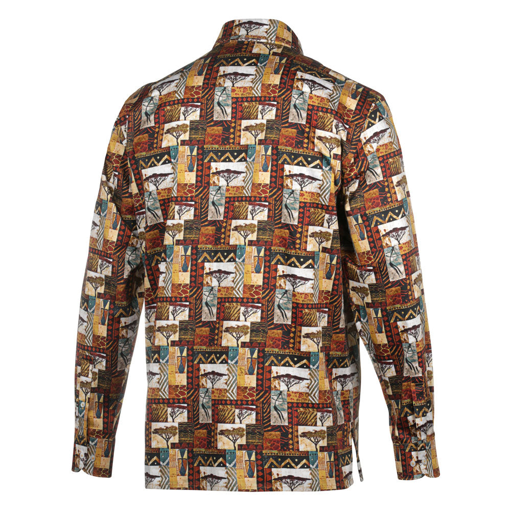 African Tree - Brown Men's Long Sleeve Cotton Printed Shirt