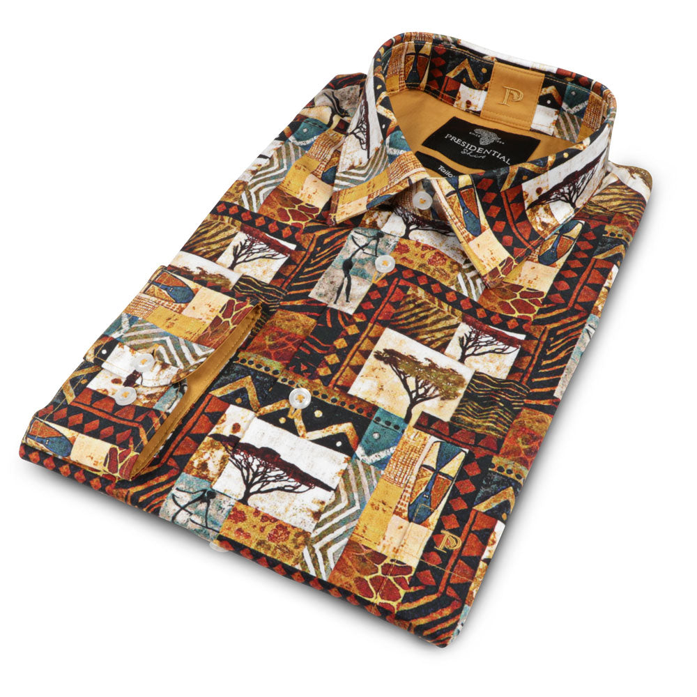 African Tree - Brown Men's Long Sleeve Cotton Printed Shirt
