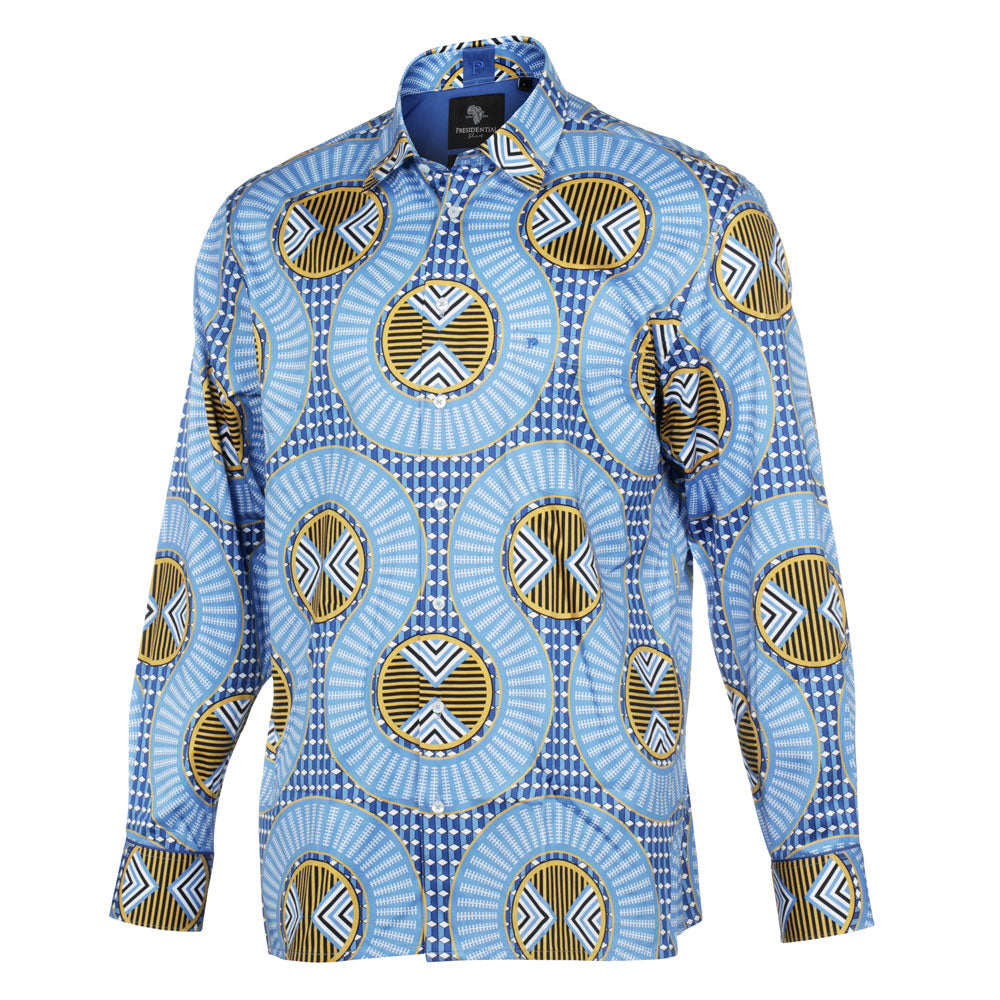 African Spine - Blue Men's Long Sleeve Cotton Printed Shirt
