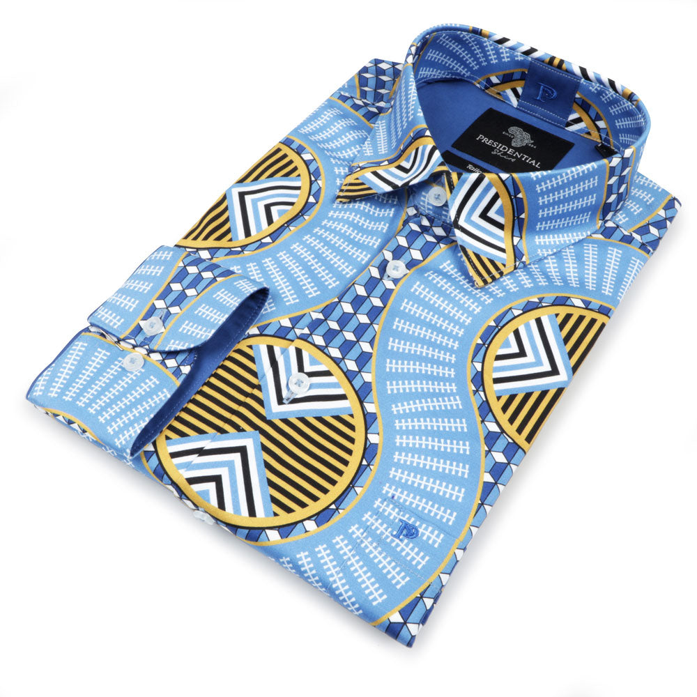 African Spine - Blue Men's Long Sleeve Cotton Printed Shirt