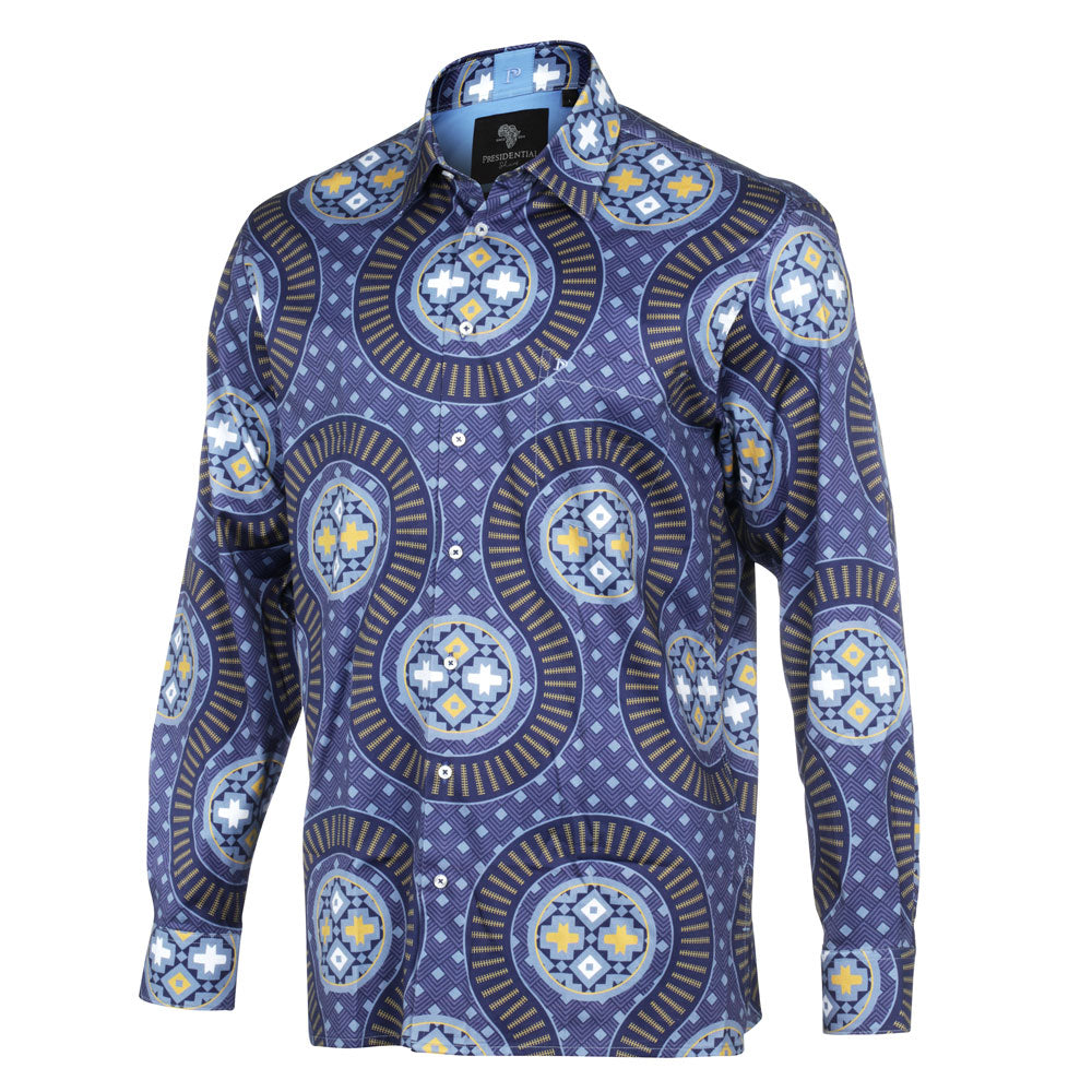 African Spine - Navy Men's Long Sleeve Cotton Printed Shirt