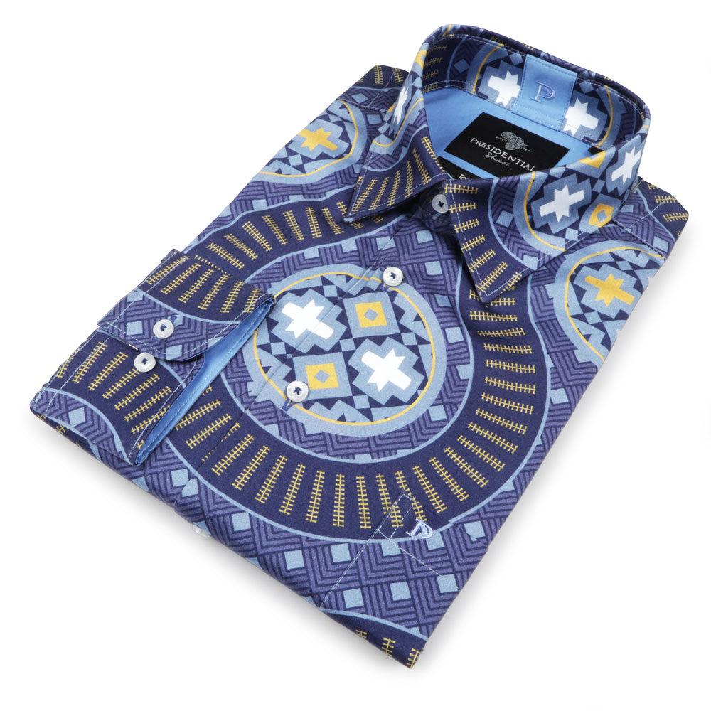 African Spine - Navy Men's Long Sleeve Cotton Printed Shirt