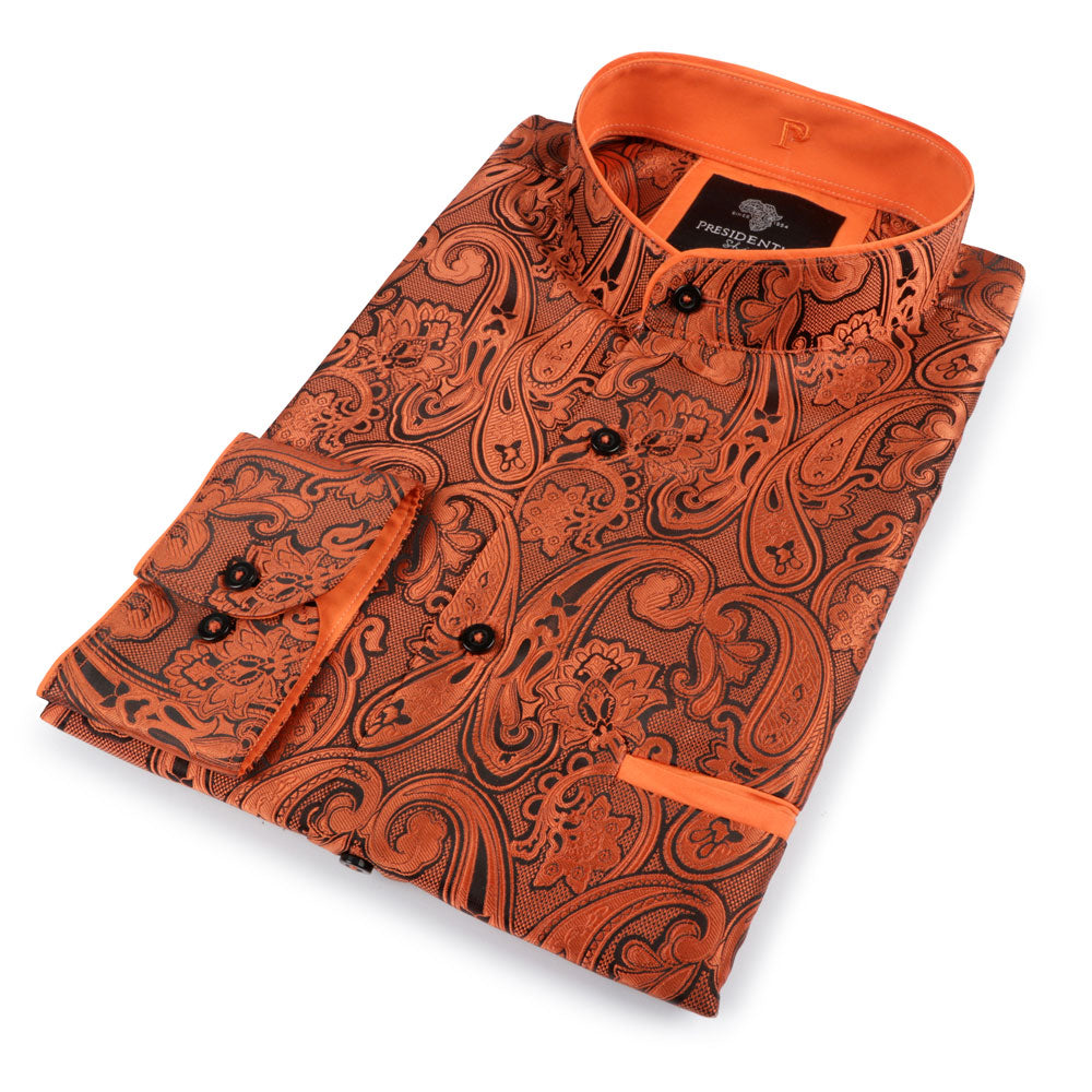 King Classic - Burnt Orange Long Sleeve Jacquard Woven Men's Shirt