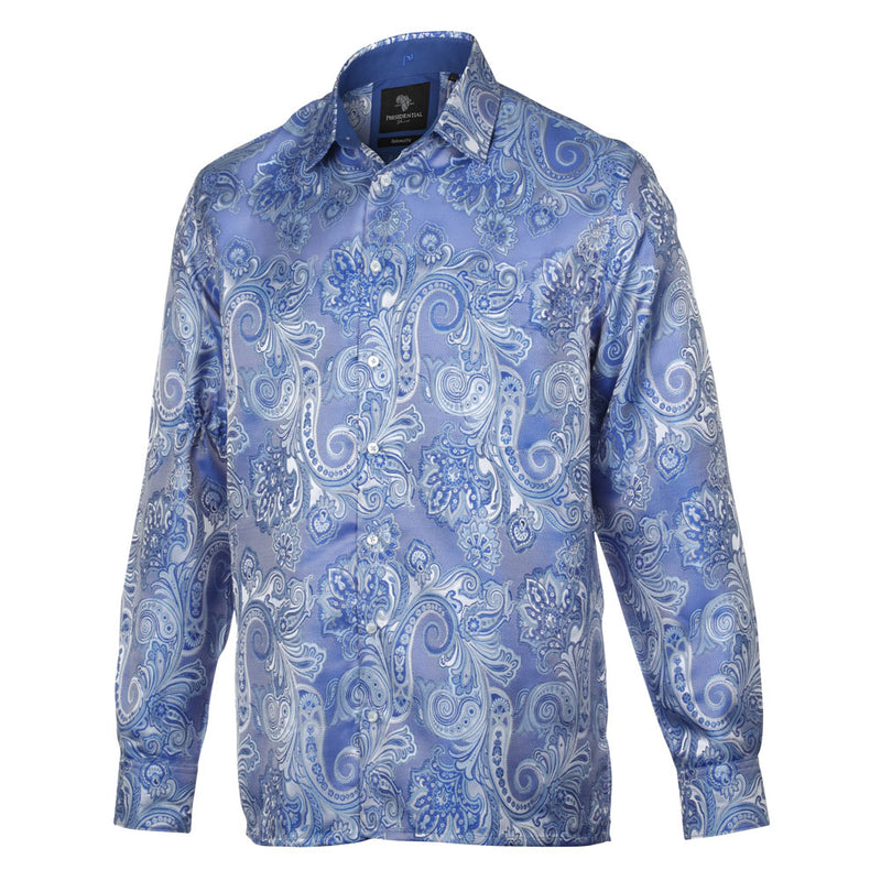 Paisley Flower - Blue Long Sleeve Jacquard Woven Men's Shirt