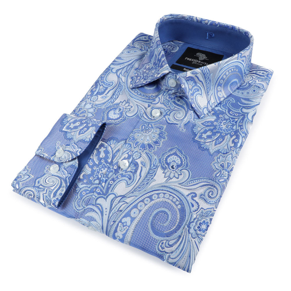 Paisley Flower - Blue Long Sleeve Jacquard Woven Men's Shirt