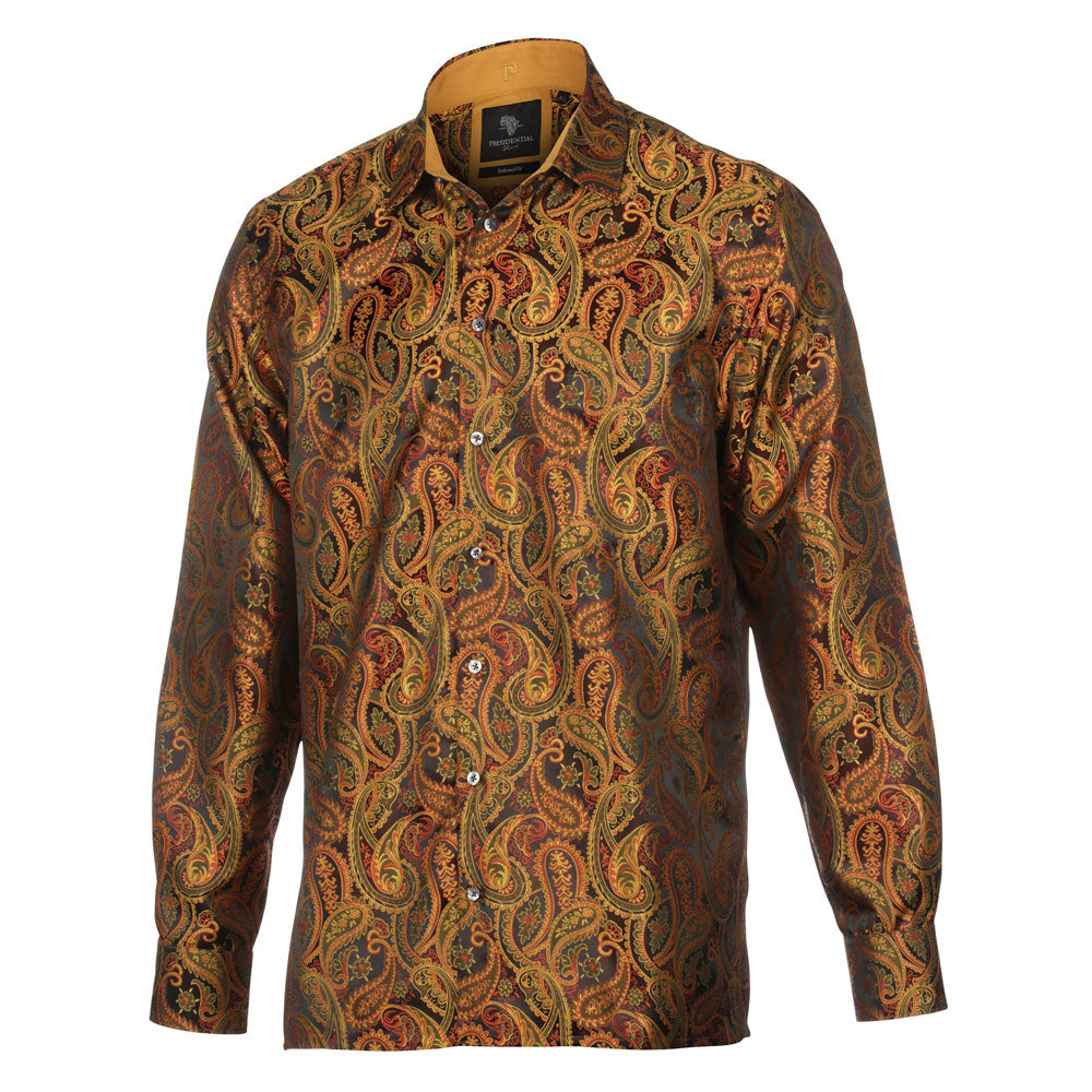 Persian Pickles - Gold Long Sleeve Jacquard Woven Men's Shirt