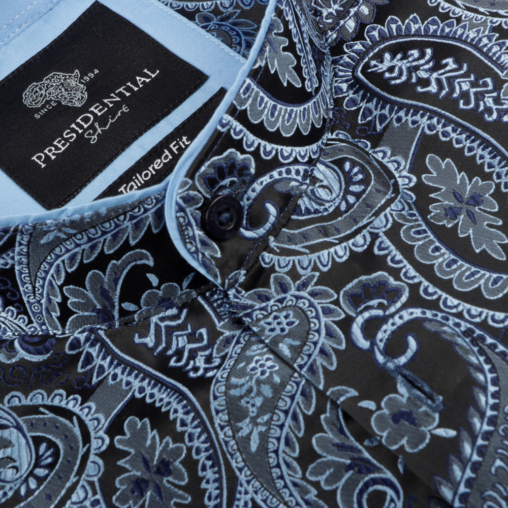 African Paisely - Navy Long Sleeve Jacquard Woven Men's Shirt