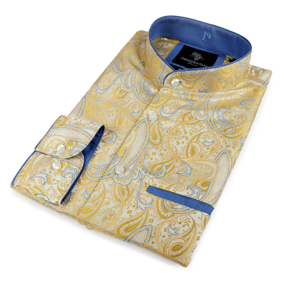African Paisely - Gold Long Sleeve Jacquard Woven Men's Shirt