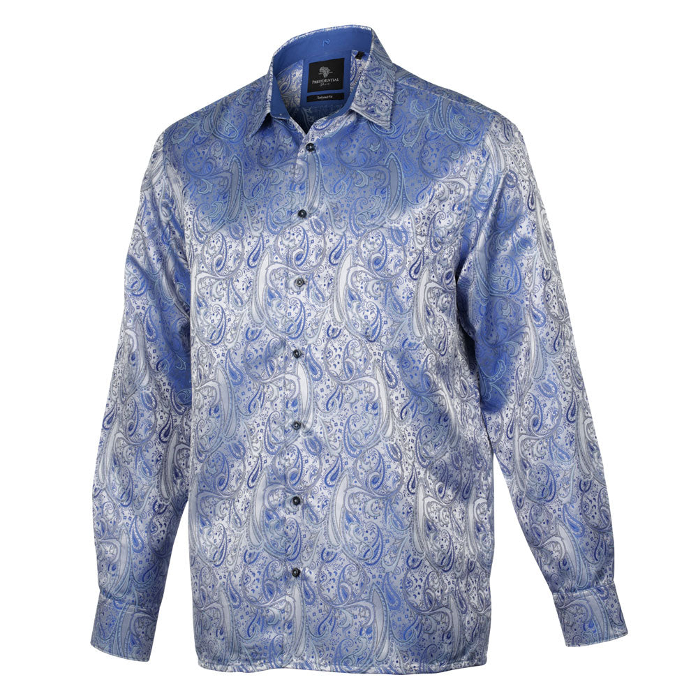 African Paisely - Blue Long Sleeve Jacquard Woven Men's Shirt