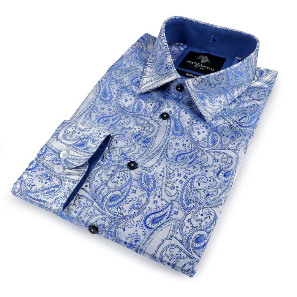 African Paisely - Blue Long Sleeve Jacquard Woven Men's Shirt
