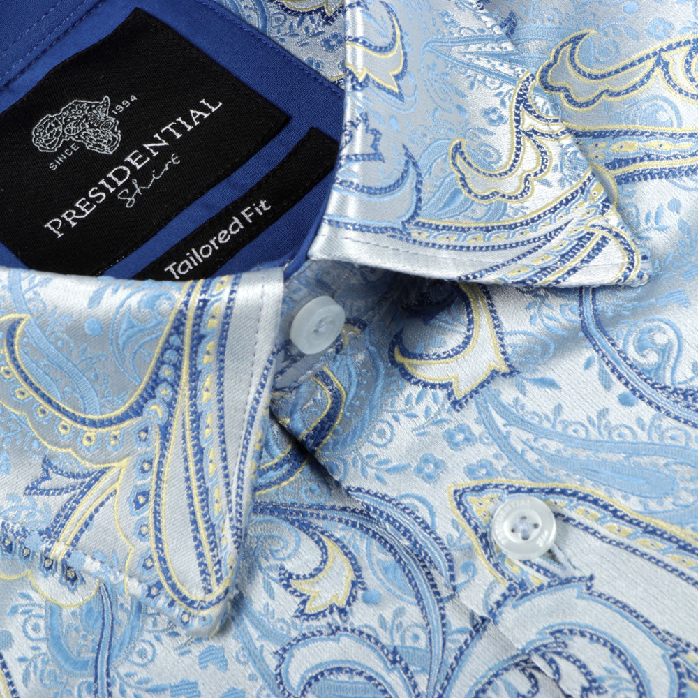 African Paisely - Light Blue Long Sleeve Jacquard Woven Men's Shirt