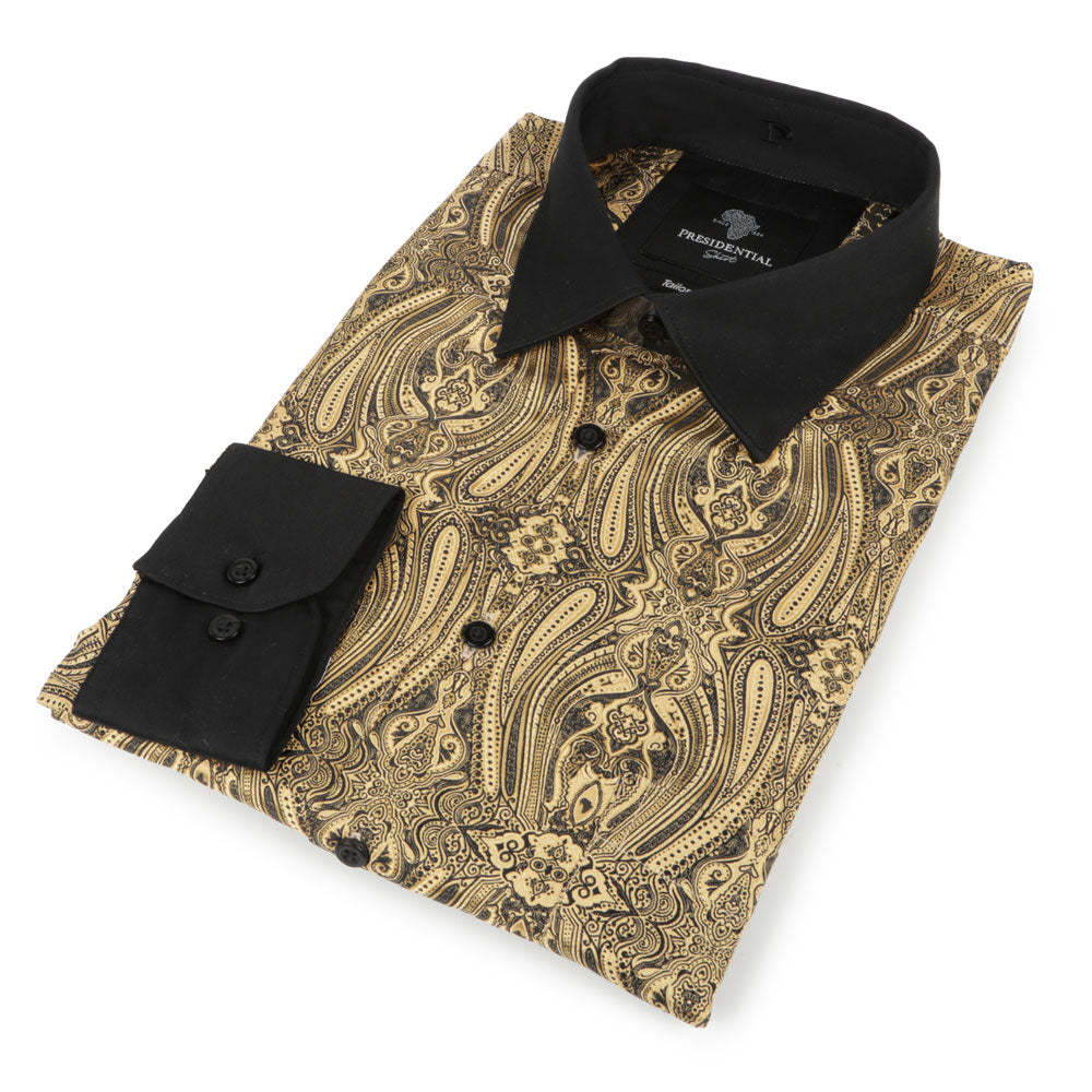 Royal Prince - Gold Black Long Sleeve Jacquard Woven Men's Shirt