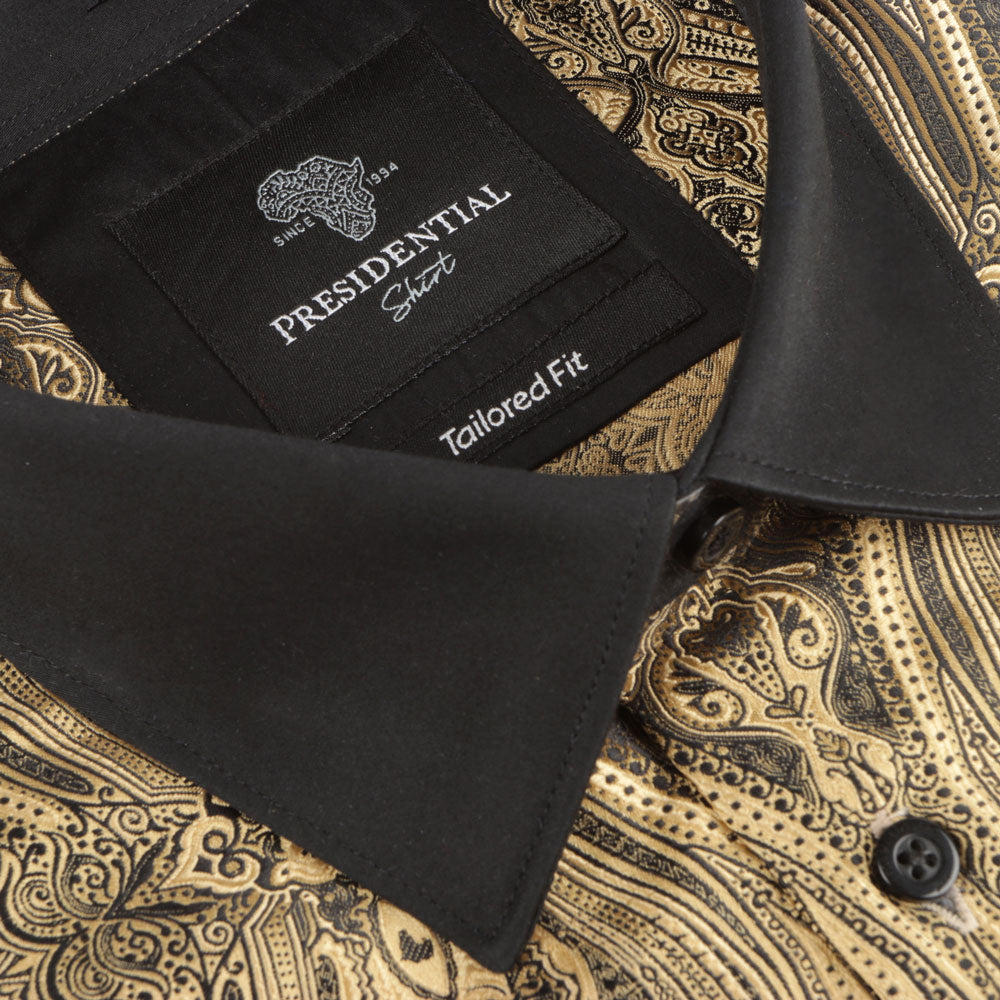Royal Prince - Gold Black Long Sleeve Jacquard Woven Men's Shirt