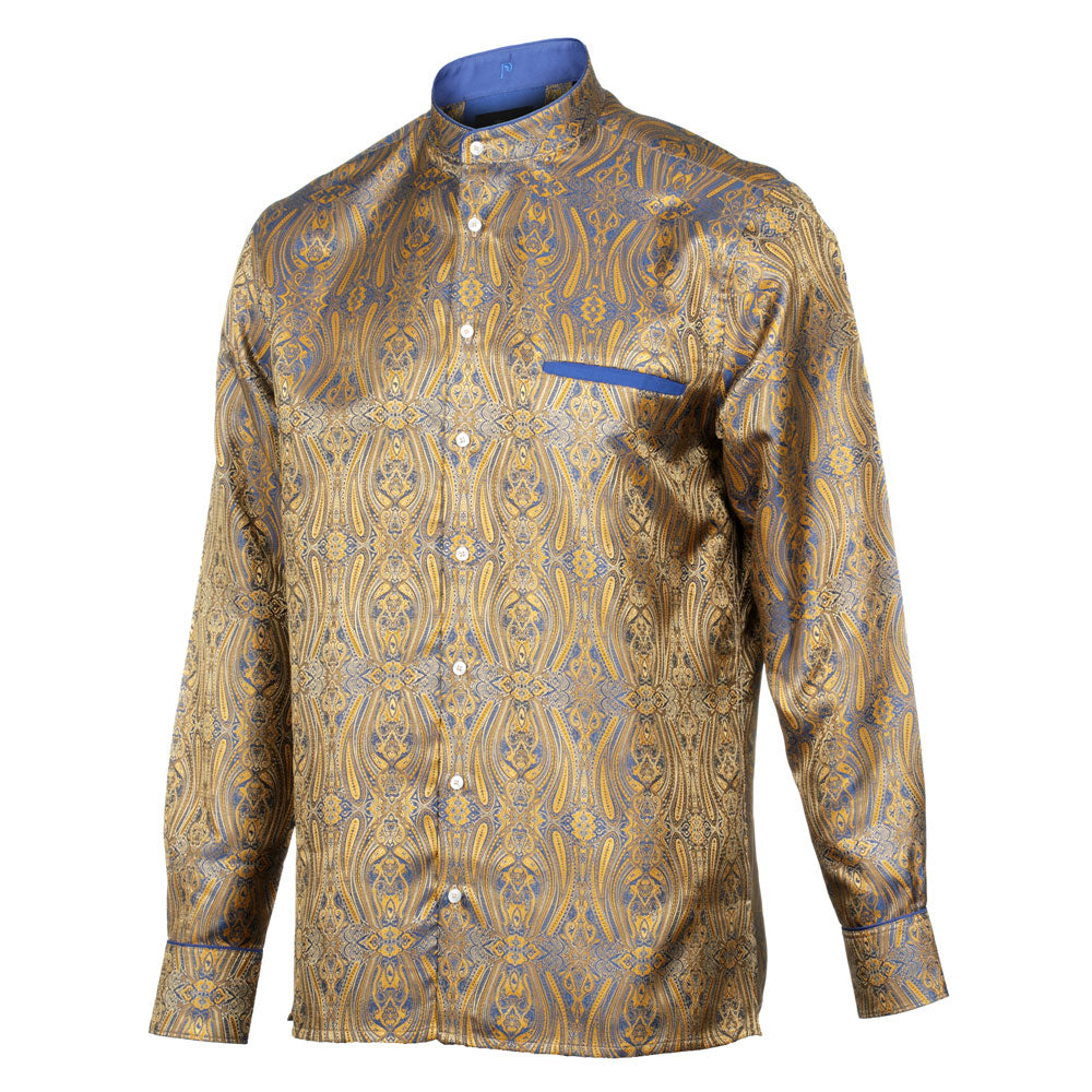Royal Prince - Gold Blue Long Sleeve Jacquard Woven Men's Shirt