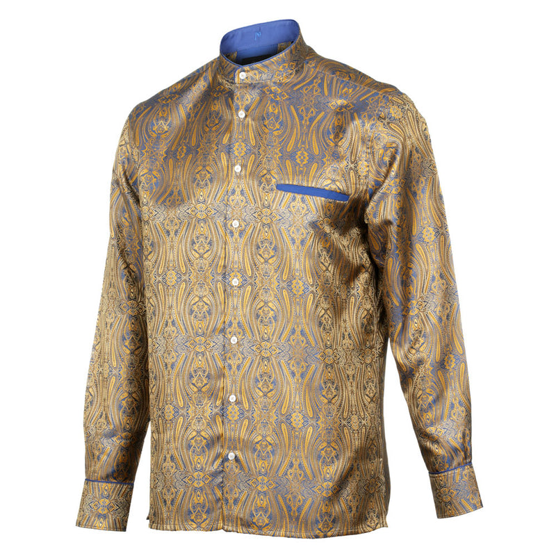 Royal Prince - Gold Blue Long Sleeve Jacquard Woven Men's Shirt