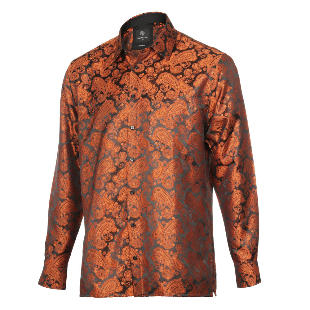 Dotted Paisley - Burnt Orange Long Sleeve Jacquard Woven Men's Shirt