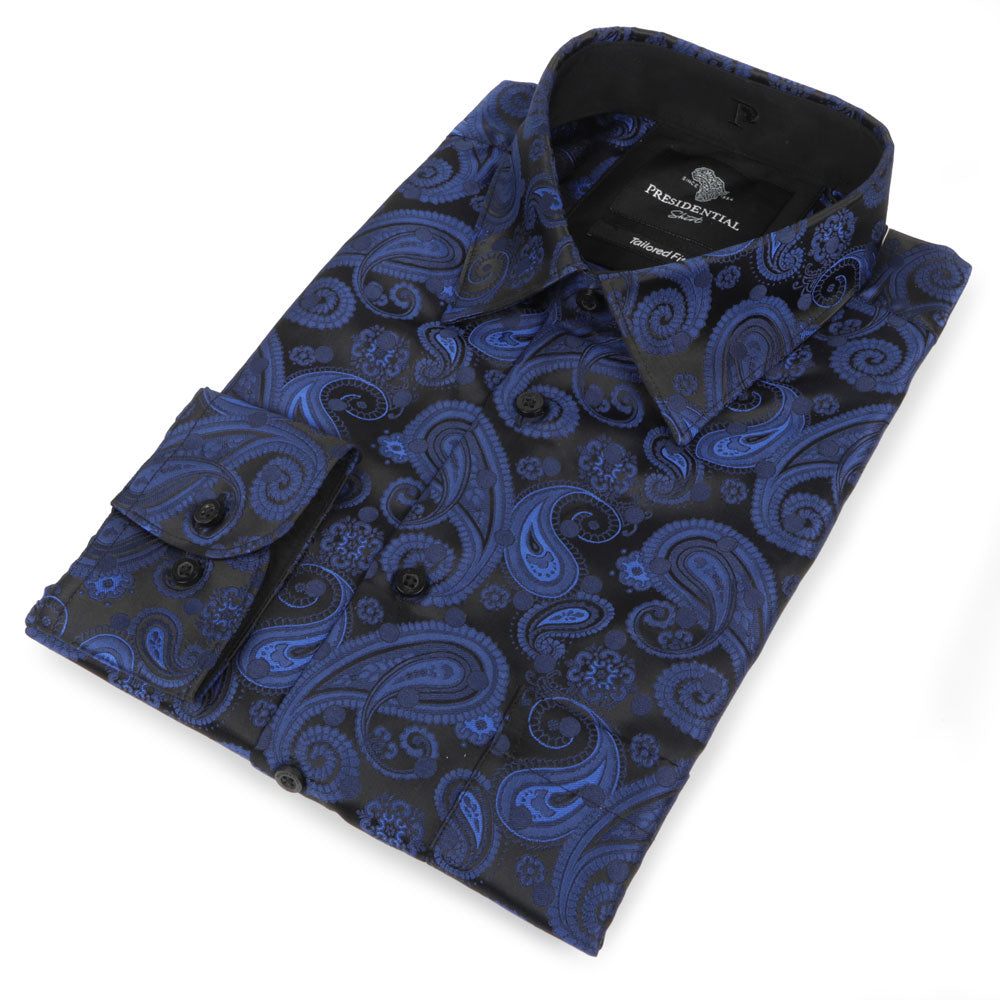 Dotted Paisley - Navy blue Long Sleeve Jacquard Woven Men's Shirt