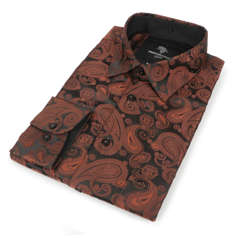 Dotted Paisley - Brown Long Sleeve Jacquard Woven Men's Shirt