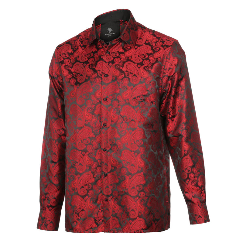 Dotted Paisley - Red Long Sleeve Jacquard Woven Men's Shirt