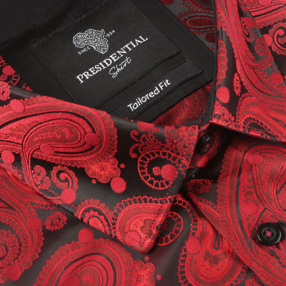 Dotted Paisley - Red Long Sleeve Jacquard Woven Men's Shirt