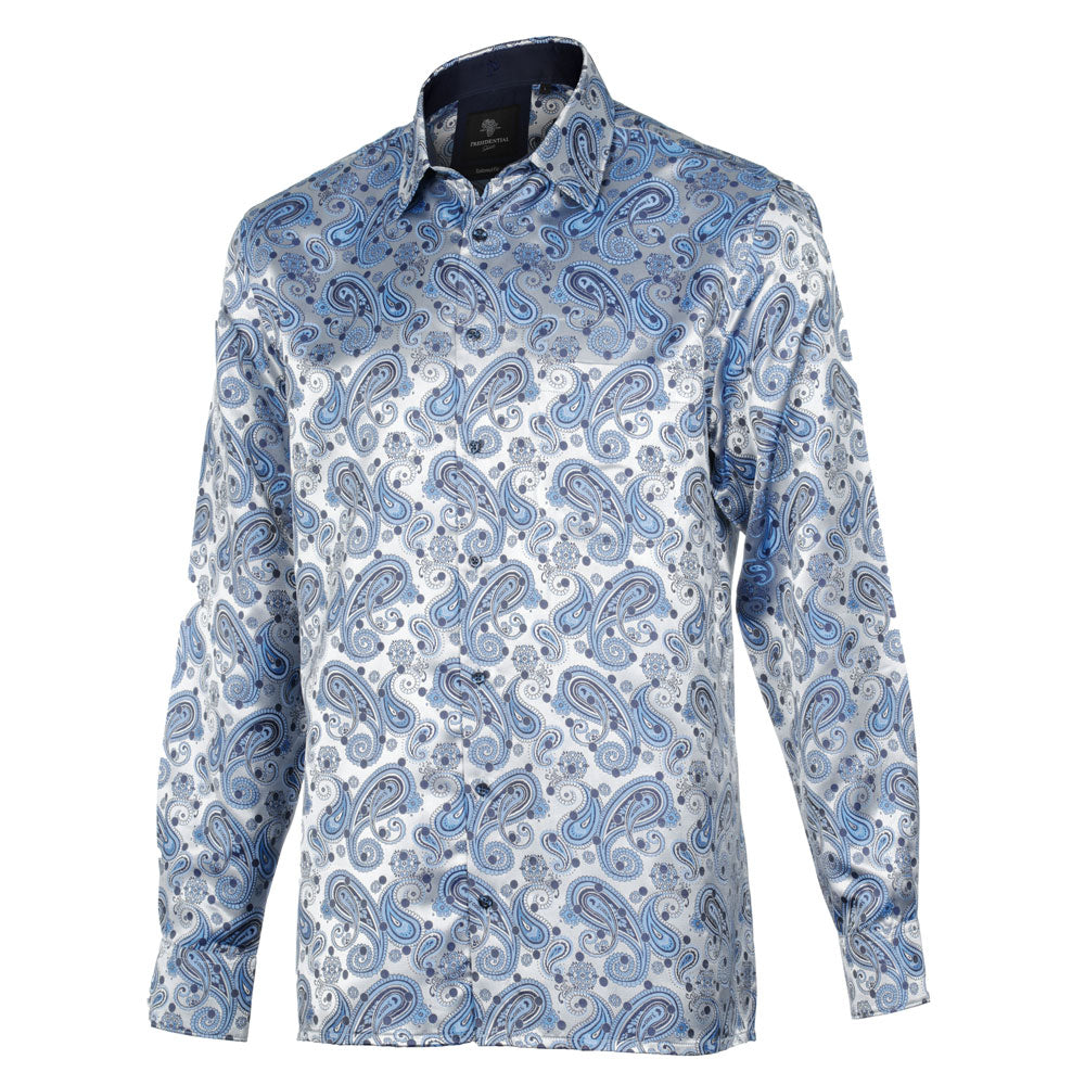 Dotted Paisley - Royal Blue Long Sleeve Jacquard Woven Men's Shirt