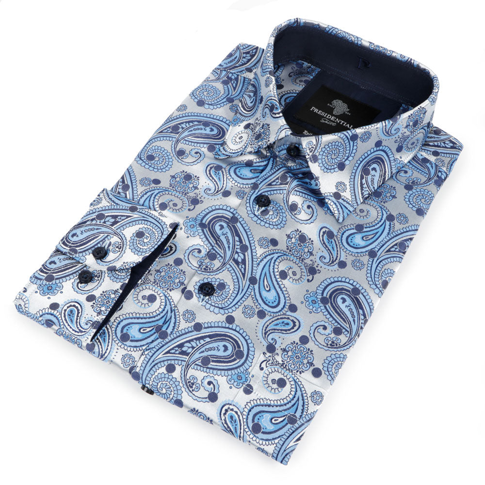 Dotted Paisley - Royal Blue Long Sleeve Jacquard Woven Men's Shirt