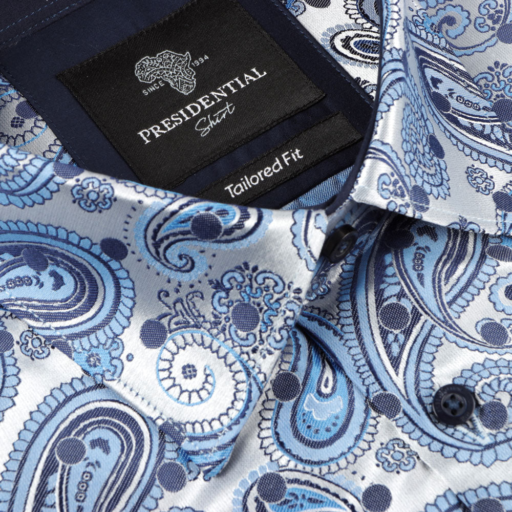 Dotted Paisley - Royal Blue Long Sleeve Jacquard Woven Men's Shirt