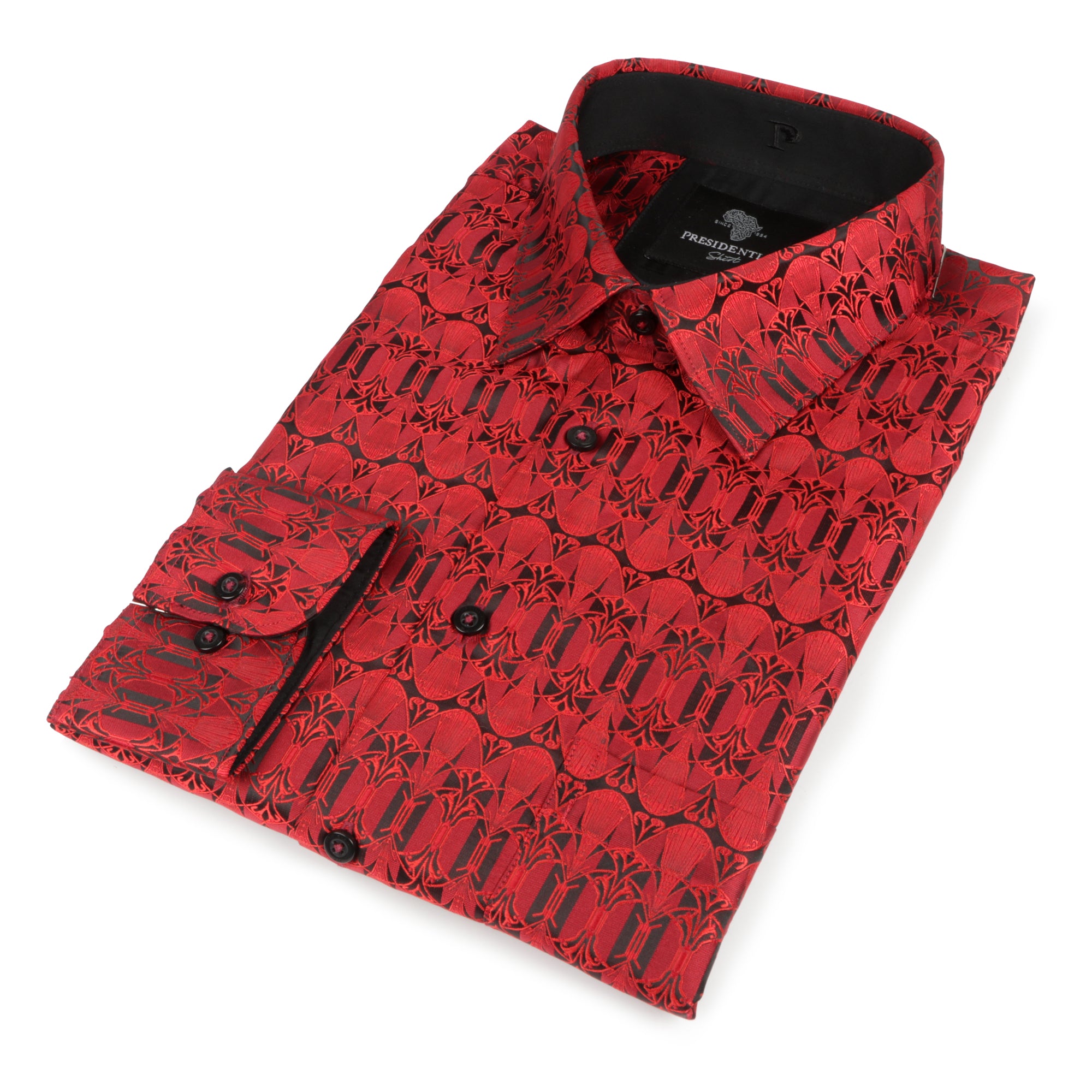 African Shield - Red Men's Jacquard Satin Luxury Formal Shirt