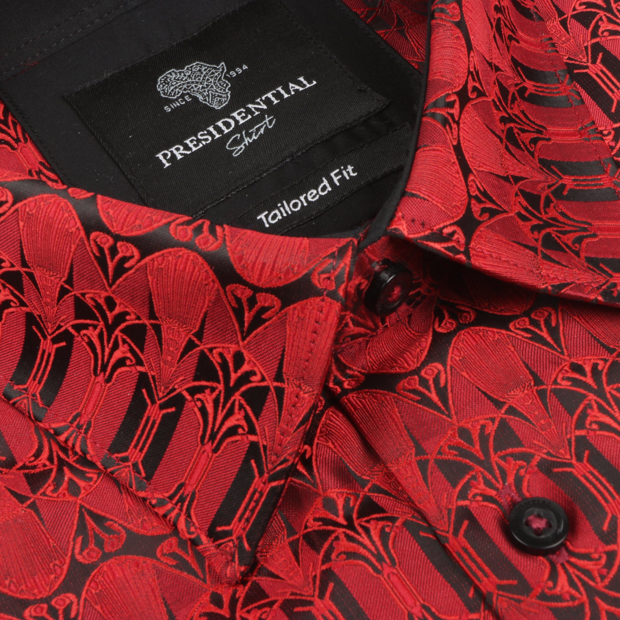 African Shield - Red Men's Jacquard Satin Luxury Formal Shirt