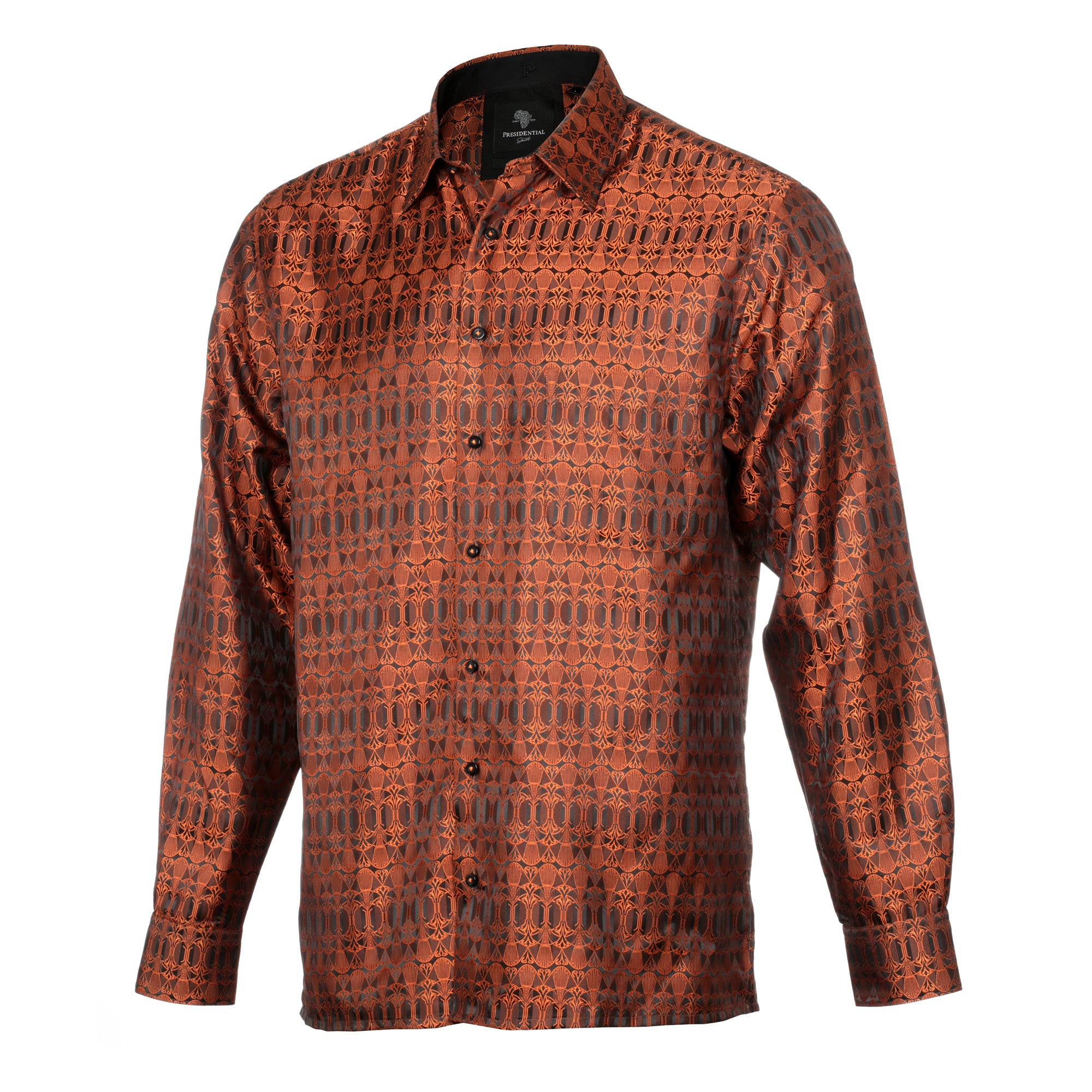 African Shield - Burnt Orange Men's Jacquard Satin Luxury Formal Shirt