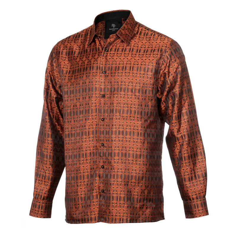 African Shield - Burnt Orange Men's Jacquard Satin Luxury Formal Shirt