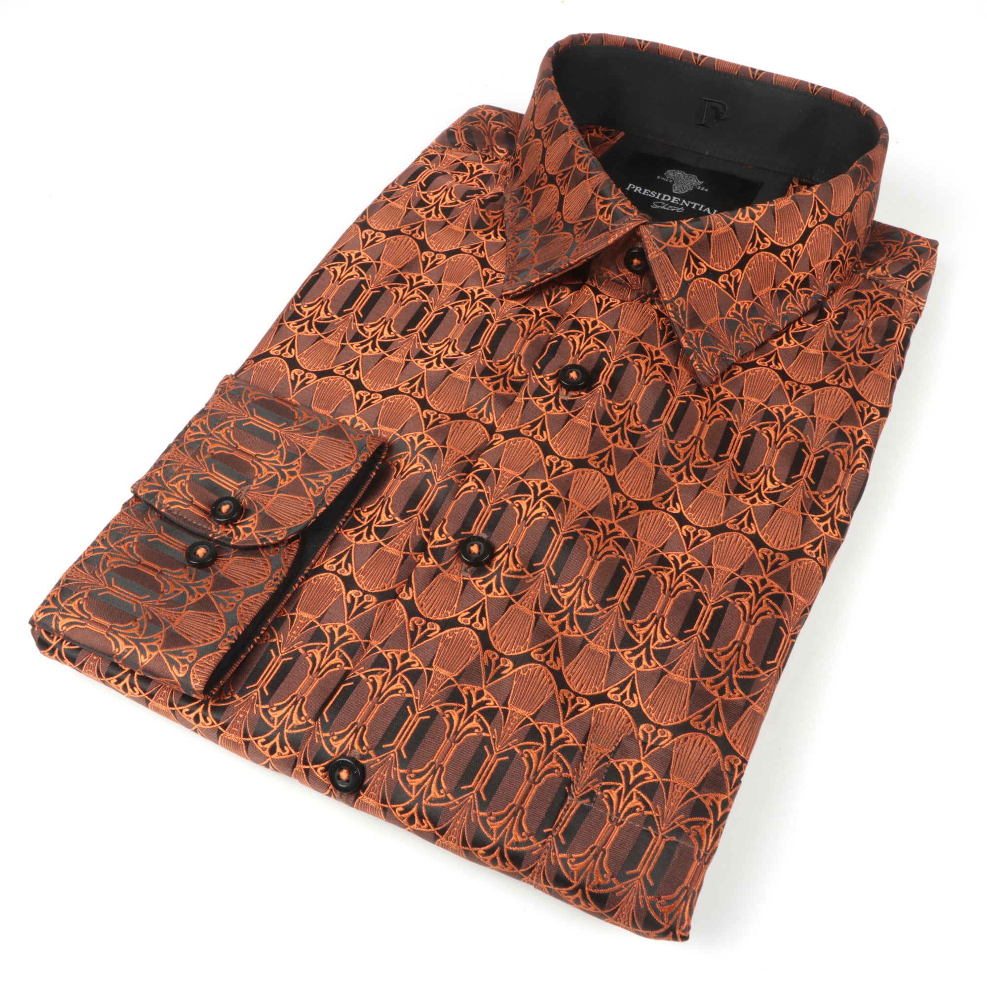 African Shield - Burnt Orange Men's Jacquard Satin Luxury Formal Shirt