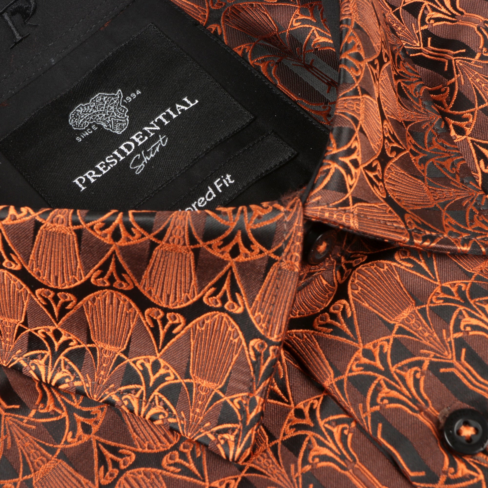 African Shield - Burnt Orange Men's Jacquard Satin Luxury Formal Shirt