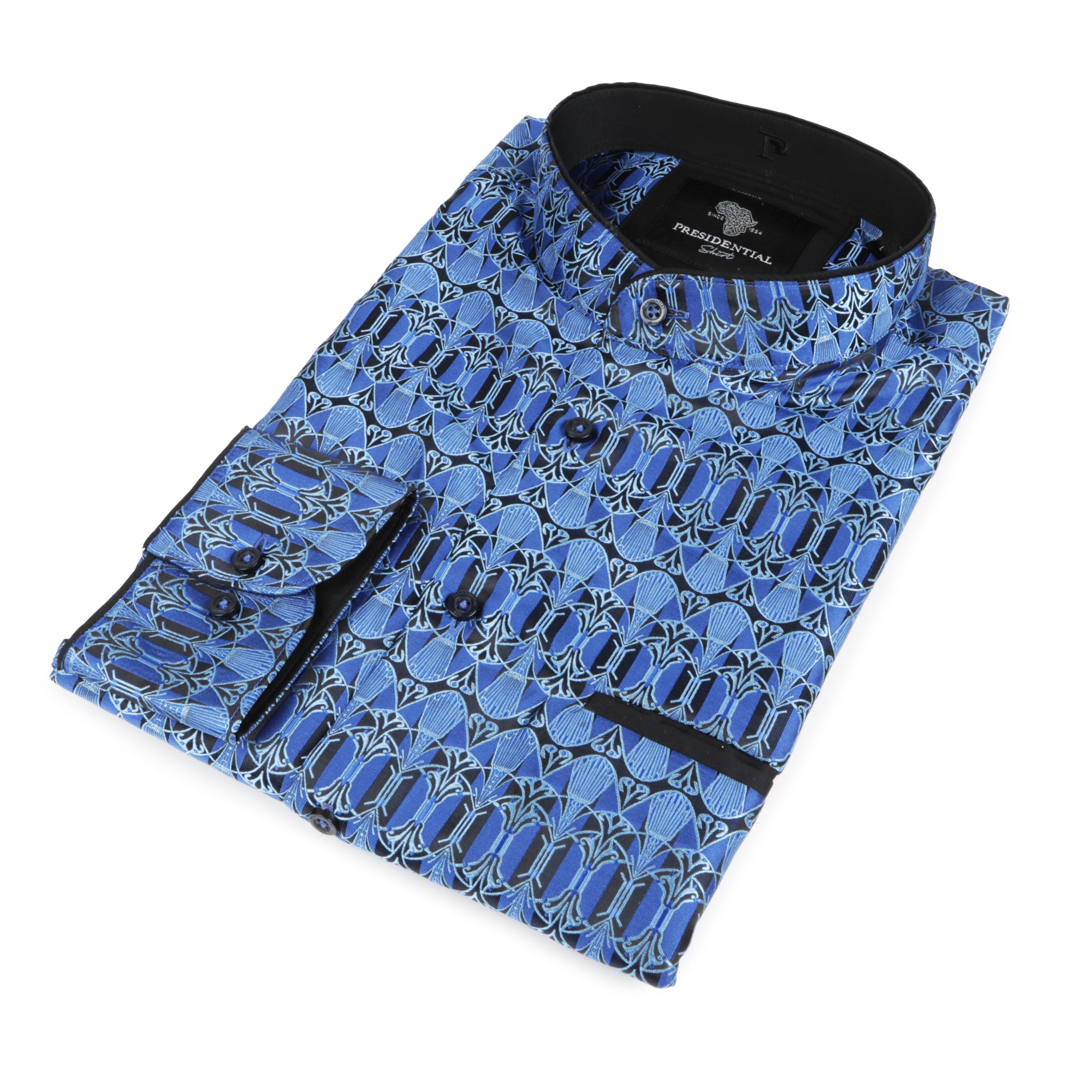 African Shield - Royal Blue Men's Jacquard Satin Luxury Formal Shirt