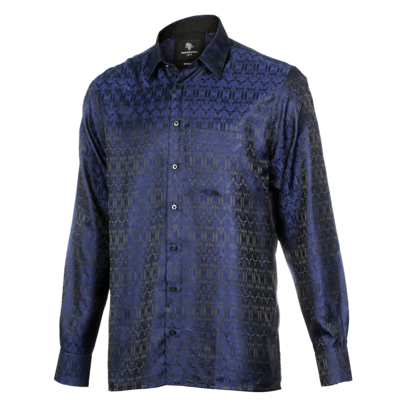 African Shield - Navy Men's Jacquard Satin Luxury Formal Shirt