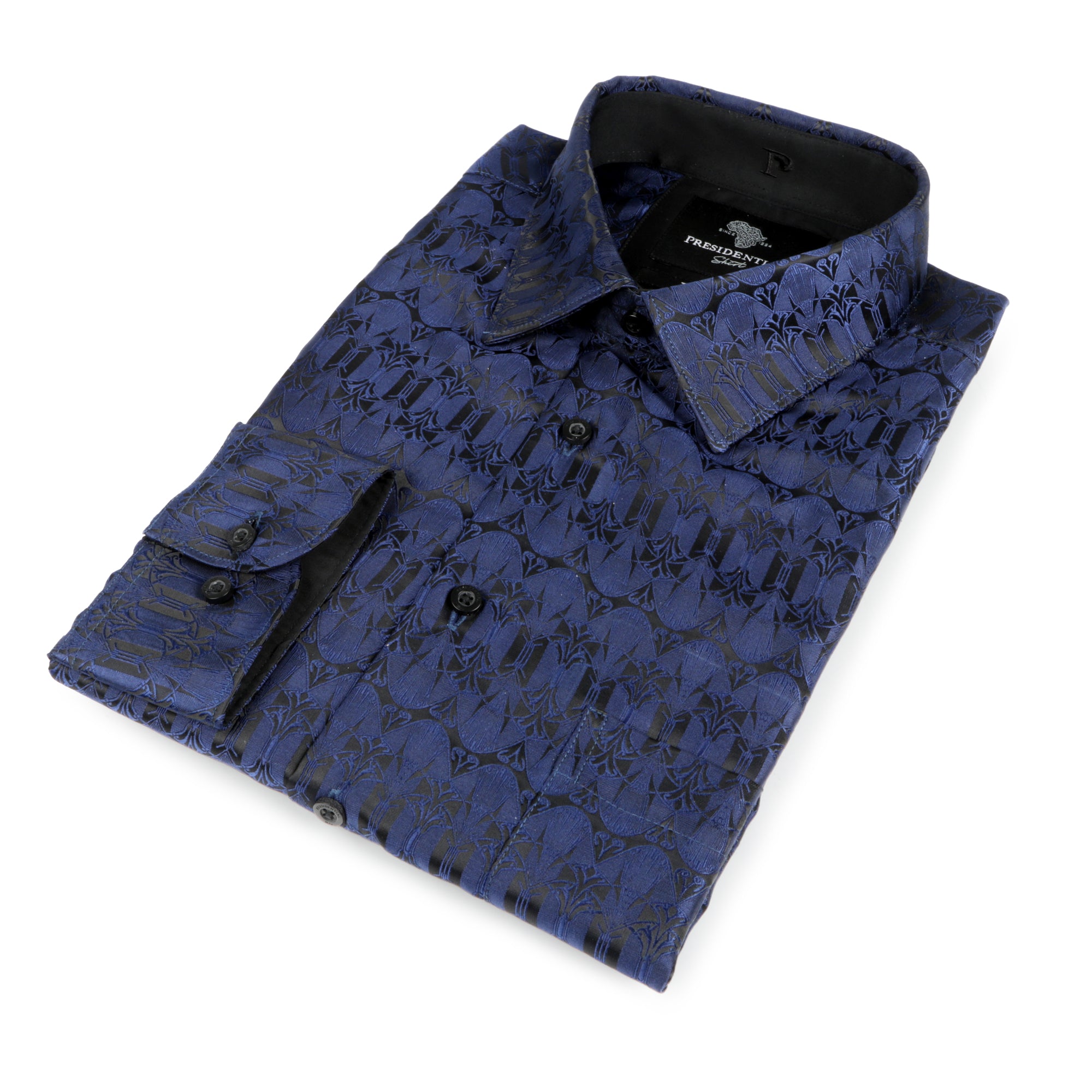 African Shield - Navy Men's Jacquard Satin Luxury Formal Shirt