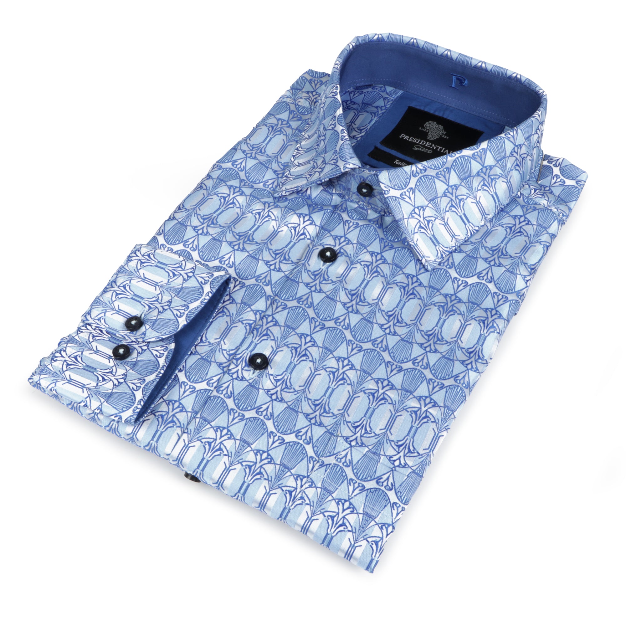 African Shield - Blue Men's Jacquard Satin Luxury Formal Shirt