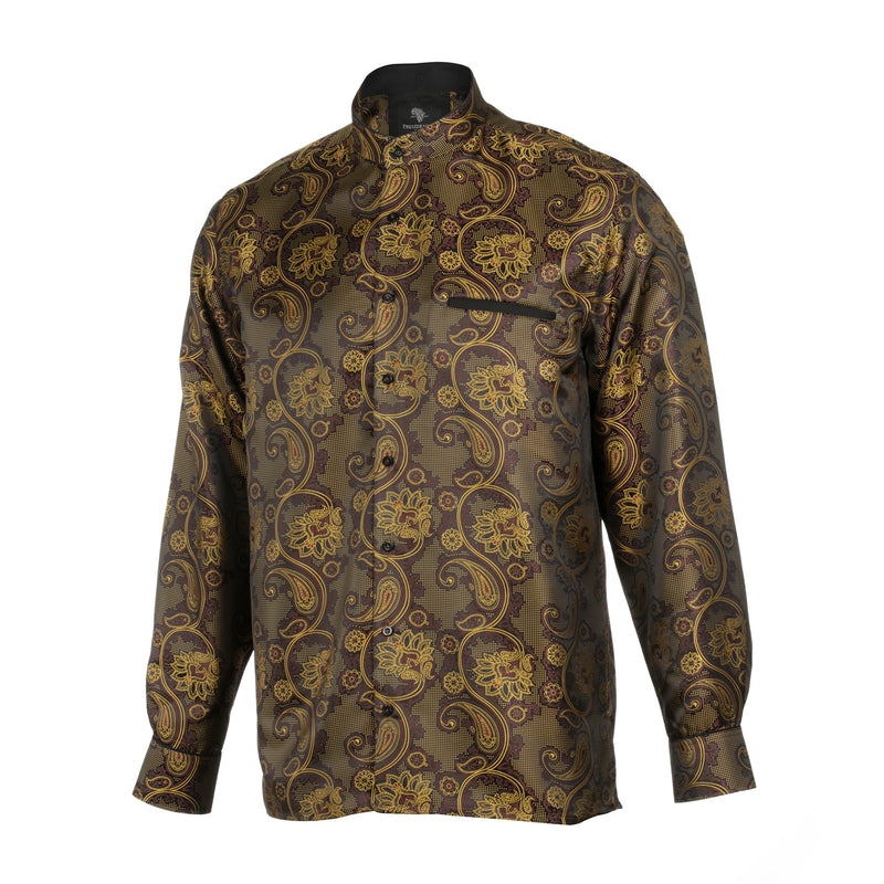 Paisley Flower - Brown Men's Jacquard Satin Luxury Formal Shirt