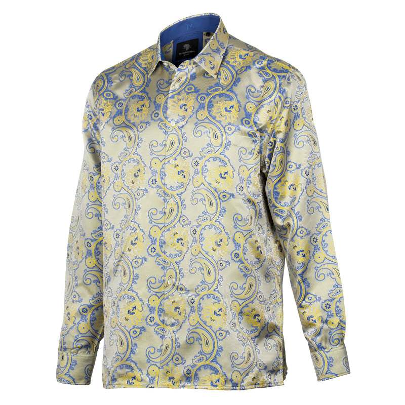 Paisley Flower - Blue Yellow Men's Jacquard Satin Luxury Formal Shirt