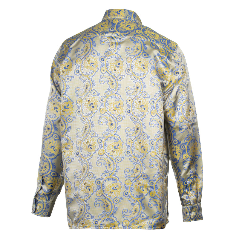 Paisley Flower - Blue Yellow Men's Jacquard Satin Luxury Formal Shirt