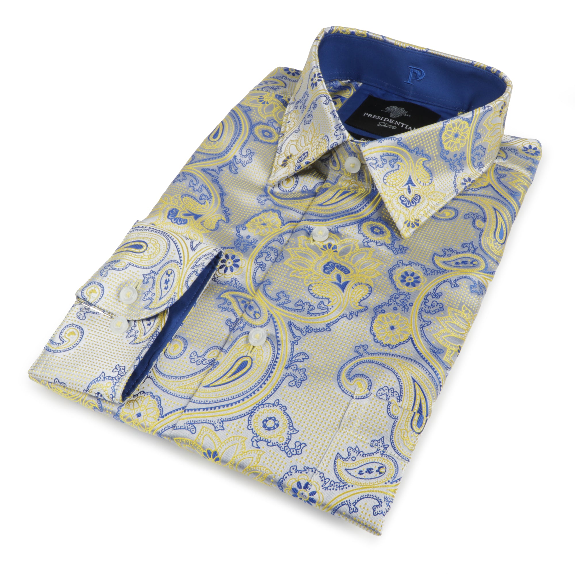 Paisley Flower - Blue Yellow Men's Jacquard Satin Luxury Formal Shirt
