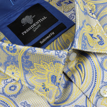Paisley Flower - Blue Yellow Men's Jacquard Satin Luxury Formal Shirt
