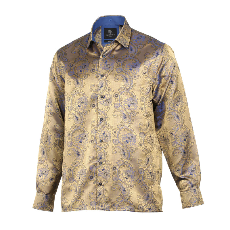 Paisley Flower - Gold Men's Jacquard Satin Luxury Formal Shirt