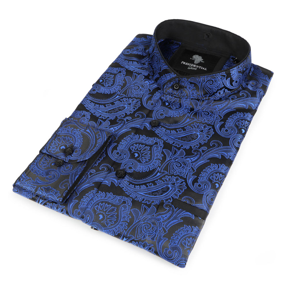 Paisley Leave - Royal Blue Men's Jacquard Satin Luxury Formal Shirt